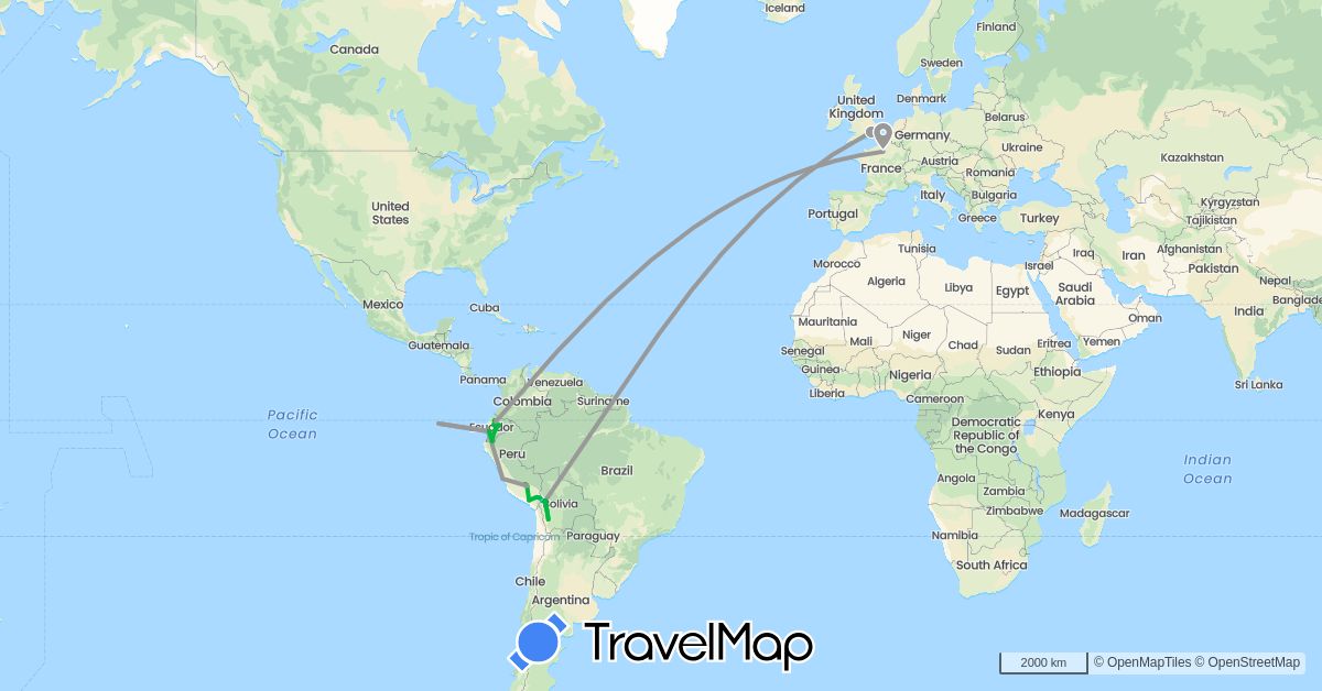 TravelMap itinerary: driving, bus, plane, hiking, boat in Bolivia, Ecuador, France, United Kingdom, Peru (Europe, South America)