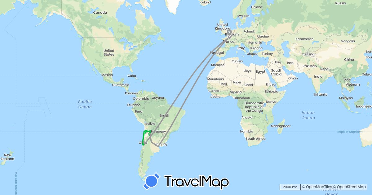 TravelMap itinerary: driving, bus, plane, hiking in Argentina, Chile, France (Europe, South America)