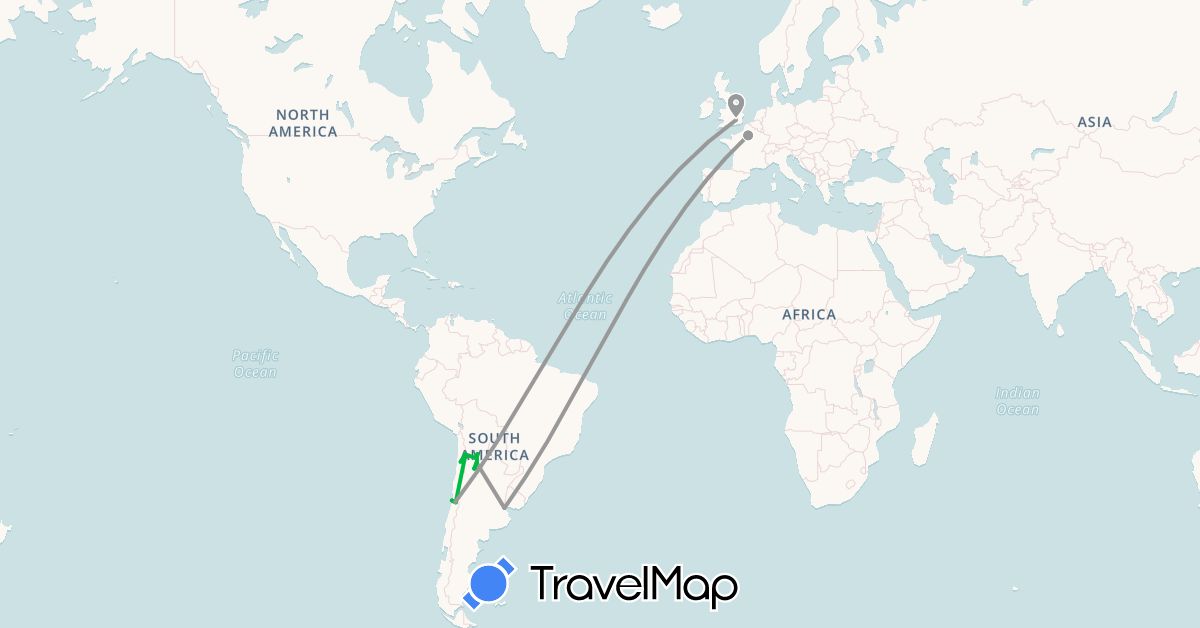 TravelMap itinerary: driving, bus, plane, hiking in Argentina, Chile, France, United Kingdom (Europe, South America)