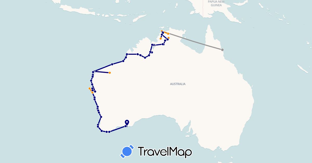 TravelMap itinerary: driving, plane, hitchhiking in Australia (Oceania)